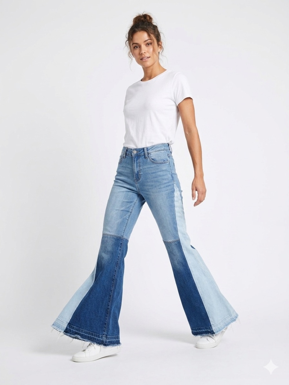 SO Two-Tone Patchwork Bell Bottom Jeans - stretchy